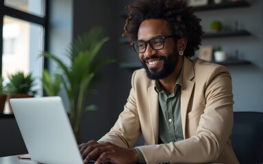 modern office: portrait of motivated black it programmer working on laptop computer. male specialist