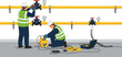 © LM - Two professional technicians installing industrial yellow gas pipeline system using specialized tools and safety equipment inside a controlled facility environment