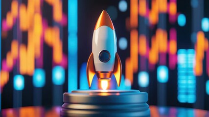 Wall Mural - futuristic rocket model launch with glowing blue and orange flame on digital platform, vibrant light