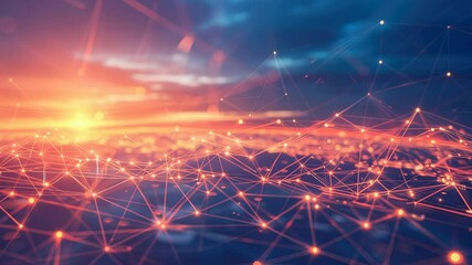 Wall Mural - abstract network connection lines over sunset sky, futuristic technology background