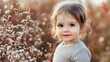 © 娟 秀秀 - Adorable toddler girl with long hair in a sweater among soft flowers in a golden field.