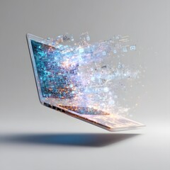 advanced digital laptop screen bursting outward with floating binary code and symbols all isolated o