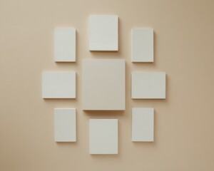 Poster - Minimalist blank paper sheets arranged in radial pattern on beige surface, modern flat lay design for creative business branding and marketing projects