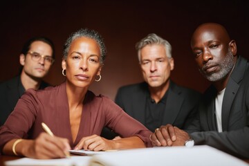 Aufkleber - Diverse Settlement Lawyers Collaborating with Legal Documents and Justice Symbols Showcasing Mediation Expertise in Modern Conflict Resolution