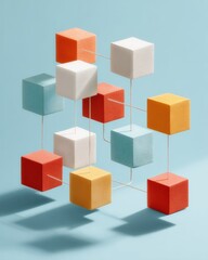 Poster - Tangible Asset Manufacturing Components Connected by Lines on Soft Textured Cubes with Factory Icons in Modern Supply Chain Network Concept