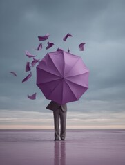 Fototapete - Corporate resilience concept with businessman holding purple umbrella against stormy sky, representing perseverance and adaptation in turbulent markets