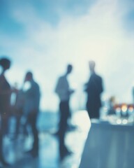 Poster - Blurred Corporate Networking Event with Ambient Lighting and Silhouetted Professionals - Modern Business Socializing for Premium Event Marketing