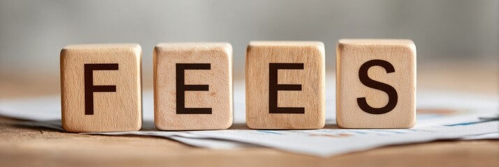 Poster - Wooden Letter Blocks Spelling FEES on Financial Charts with Cost Transparency Concept for Professional Business Reporting and Fee Structure Communication