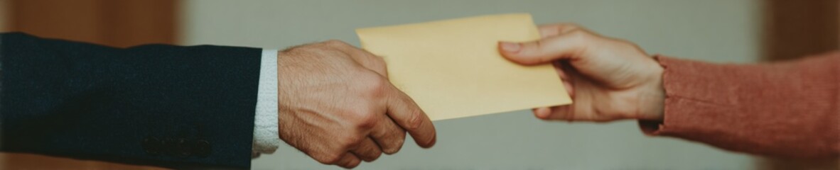 Aufkleber - Corporate businessman receiving salary bonus envelope in office handshake gesture symbolizing employee rewards and productivity incentives in modern workplace