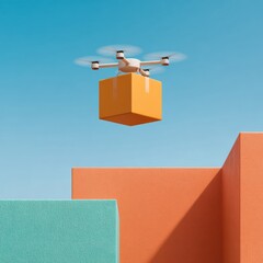 Poster - Innovative Multi-Rotor Delivery Drone Transporting Cardboard Parcel Over Colorful Urban Architecture - Next-Gen Aerial Logistics and Smart Shipping Trends