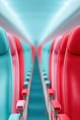 Poster - Modern Airplane Cabin Interior with Colorful Red and Blue Seat Rows and Central Aisle for Travel Industry Marketing and Digital Transportation Promotion