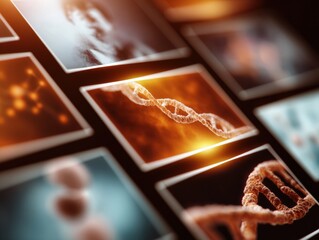 Aufkleber - Futuristic Genomics Data Visualization on Digital Screens Highlighting DNA Structures for Advanced Biotechnology and AI-Driven Genetic Research Insights