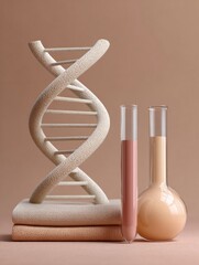 Aufkleber - Modern DNA Double Helix Model with Test Tubes and Flask on Neutral Background for Genetic Research and Biotechnology Innovation Branding