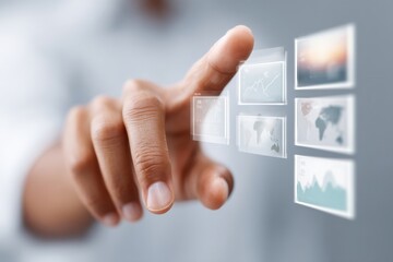 Aufkleber - Businessman Interacting with Floating Digital Interface Showing Financial Metrics and Market Data for Advanced Investment Analysis and Risk Management
