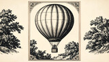 Vintage Hot Air Balloon Soaring Over Scenic Landscape Classic Engraving Style Illustration