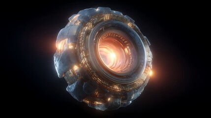 Wall Mural - futuristic energy device with glowing core and metallic texture in dark background