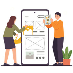 Design Thinking Illustation. Vector illustration of A team is arranging wireframe elements on a giant mobile screen for app interface development. Isolated on background