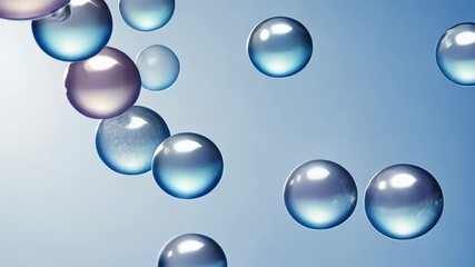 Wall Mural - Glossy translucent bubbles float in a bright blue sky, creating a minimal and dreamy outdoor scene with light reflections and smooth texture