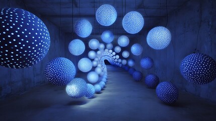Wall Mural - captivating abstract space with blue light spheres creating an enigmatic tunnel illusion in dim envi
