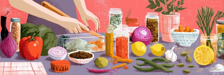 Aufkleber - Colorful Food Preparation With Fresh Vegetables and Spices on a Vibrant Kitchen Countertop in a Cozy Cooking Space