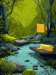 Poster - Relaxing Forest Bath Retreat With a Serene River Under Soft Light, Featuring Towels for a Calming Experience