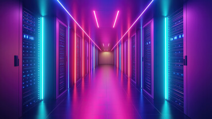 Wall Mural - high tech data center corridor featuring server racks and vibrant colorful led lighting scene