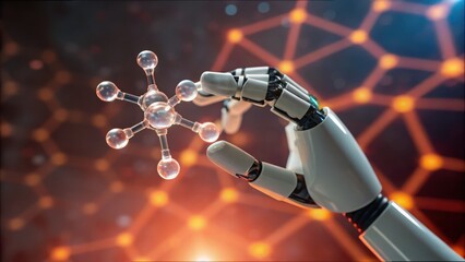Poster - Robot Hand Holding Transparent Glowing Molecule on Abstract Background