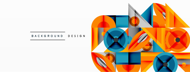 Aufkleber - Abstract geometric shapes overlap, creating vibrant design. Orange, blue, white colors dominate composition. Modern vector illustration.