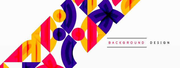 Aufkleber - Abstract geometric shapes overlap, creating vibrant colorful design. Yellow, purple, pink dominate white background. Modern aesthetic.