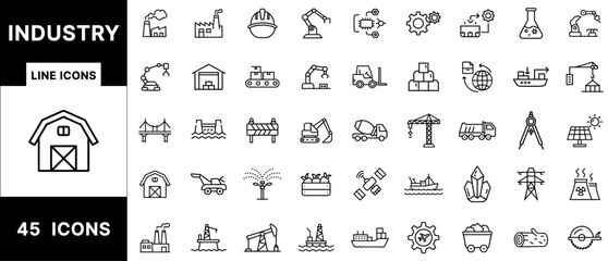 Poster - Industrial Line Icon Set Featuring Factories, Engineering Tools, Construction Vehicles, Warehouses, Robotics, Cranes, Mining, Solar Panels, and Logistics