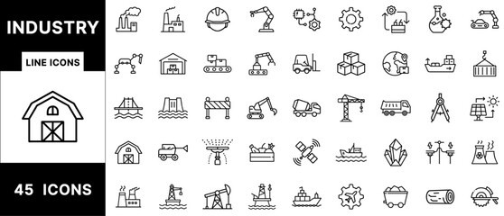 Poster - Industrial Line Icon Set Featuring Factories, Engineering Tools, Construction Vehicles, Warehouses, Robotics, Cranes, Mining, Solar Panels, and Logistics