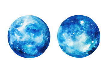 Wall Mural - Watercolor Painting of Blue Planets with Galaxy Texture and Starry Space Effect Isolated on Transparent Background