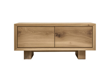 Poster - Light oak wood media console with two doors, simple rectangular design, and short, block legs