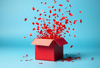 A vibrant red gift box opening with exploding red confetti against a bright blue background