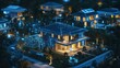 © Intach - High-angle view of residential smart homes featuring digital overlays for energy control, smart locks, and more