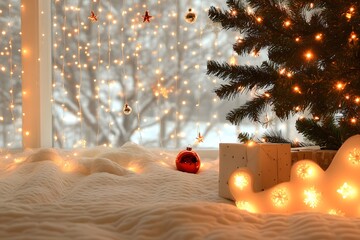 Wall Mural - Festive room with Christmas tree and lights.