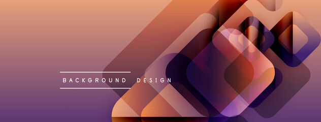 Fototapete - Abstract gradient background features layered squares, rectangles. Colors transition from purple to orange. Minimalist design includes text elements.