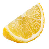 Close up of a single lemon wedge with visible pulp and yellow rind edge on transparent background