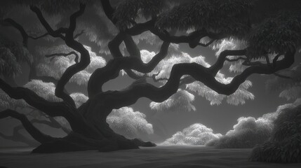 Wall Mural - Dramatic Monochrome Tree Branches  Overhead View  Nature Background  Cinematic Lighting  H