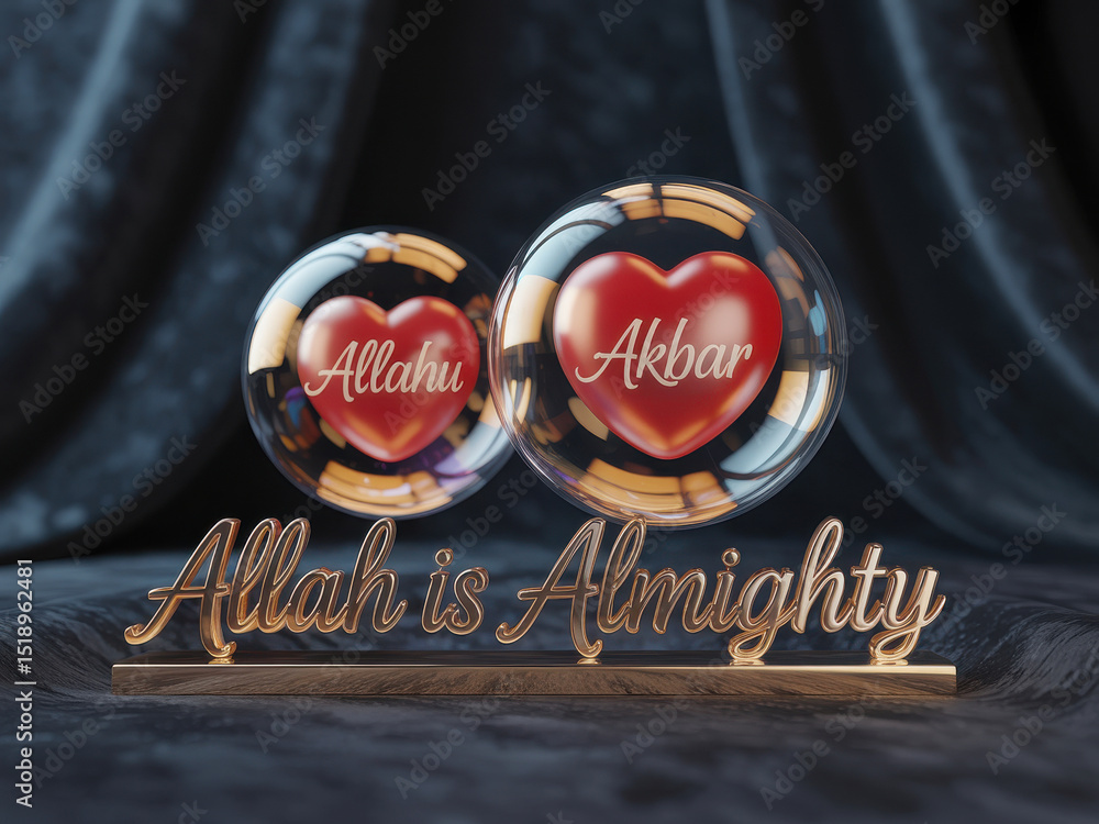 3d rendering of allah is almighty with heart-shaped bubbles and islamic ...