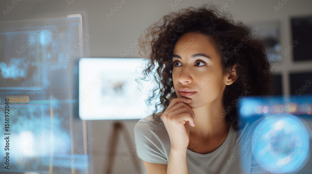 Focused woman analyzing futuristic digital data interfaces on ...