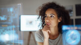 Focused woman analyzing futuristic digital data interfaces on transparent screens in a modern workspace.
