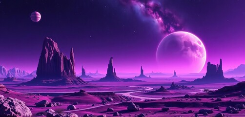 Wall Mural - Purple alien landscape, distant planets, starry sky, cosmic rock formations,  texture,  rocks