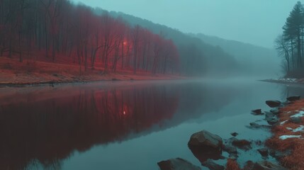 Wall Mural - Misty River Reflection  Forest  Fog  Cinematic Landscape