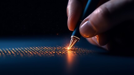 Hand Writes Glowing Digital Code with Elegant Pen Futuristic Technology Concept