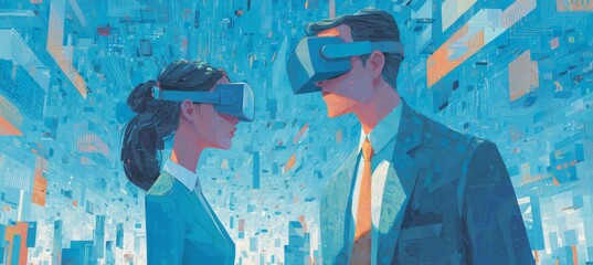 Poster - Businessman and businesswoman using VR glasses for virtual meeting. Business company teamwork job. Generative AI technology.
