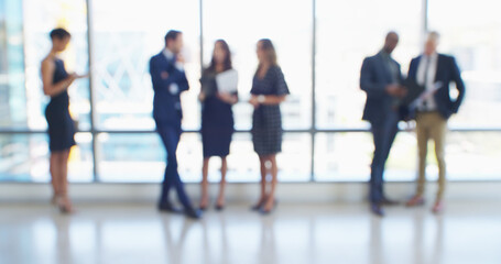 Aufkleber - Blur, business people and group in office, conversation and teamwork with accounting. Employees, cooperation and financial advisors in workplace, economy analyst and diversity with discussion