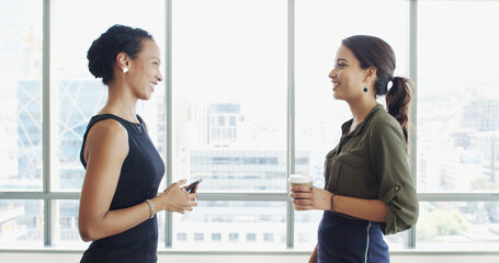 Aufkleber - Business people, smile and women in office, conversation or feedback for female empowerment project. Employees, cooperation or consultant in workplace, happiness or discussion with support or meeting