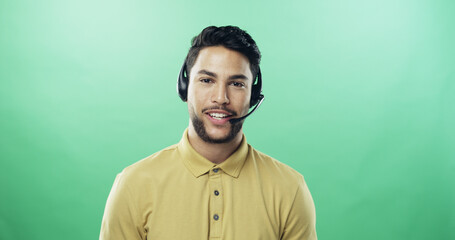 Poster - Man, headset and portrait for call center in studio with smile, mockup space or talk by green background. Person, agent or consultant with voip mic, contact us or happy for customer support in Mexico