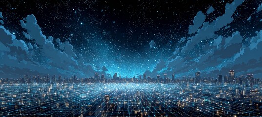 Fototapete - Vast city modern skyline. Cyberspace metaverse world. Generative AI technology.	
